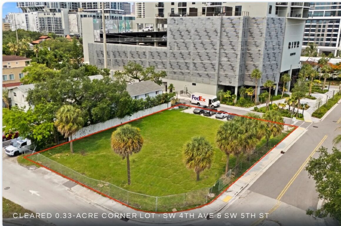 Aerial view of the cleared 0.33-acre corner development lot at 460 SW 4th Ave, Fort Lauderdale
