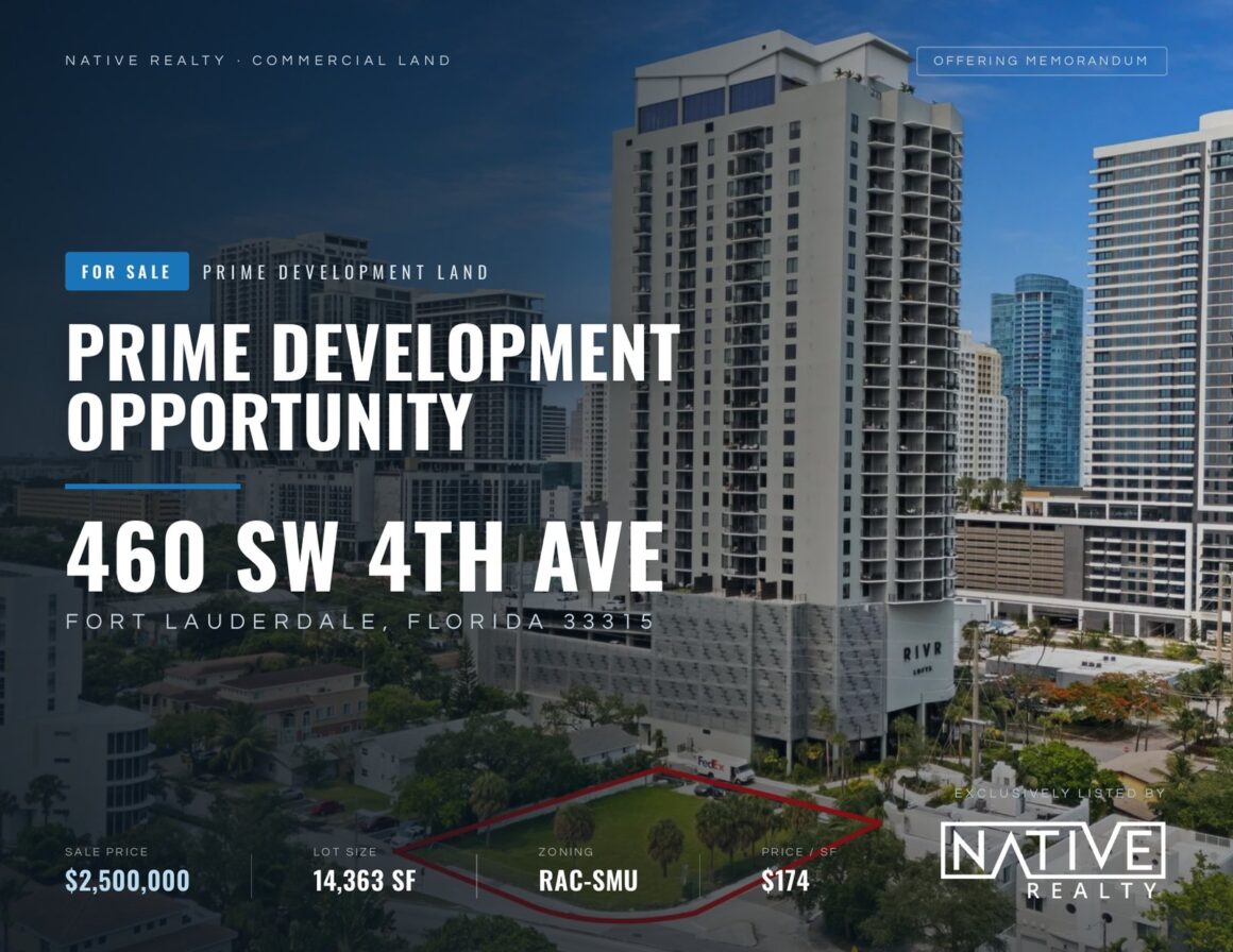Prime development land for sale at 460 SW 4th Ave in Downtown Fort Lauderdale's TREDD District